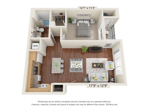 Floor plan for 1 bed, 1 bath, 657 sqft